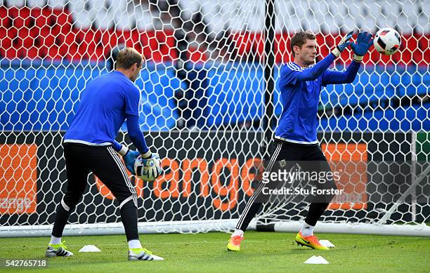 Ireland goalkeepers Michael McGovern and Roy Carroll in action during Northern Ireland training ahead of their Euro 2016 match against Wales at Parc...
