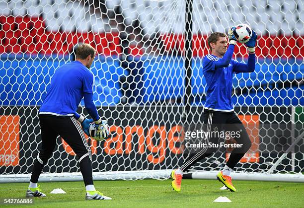 Northern Ireland goalkeepers Michael McGovern and Roy Carroll in action during Northern Ireland training ahead of their Euro 2016 match against Wales...