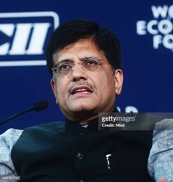 Minister Of State for Power ,Coal, New And Renewable Energy Piyush Goyal poses during an exclusive interview at WEF Summit on November 6, 2014 in New...