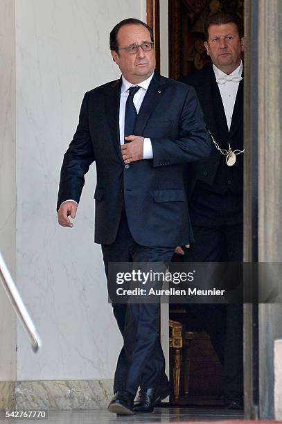 French President Francois Hollande is seen prior to a meeting with French Senate President Gerard Larcher following the results of the UK EU...