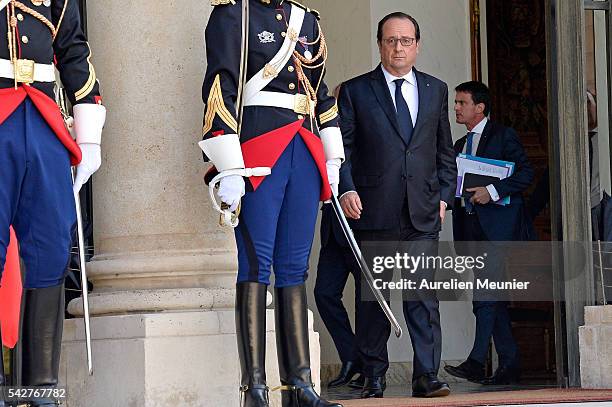 French President Francois Hollande is seen prior to a meeting with French Senate President Gerard Larcher following the results of the UK EU...