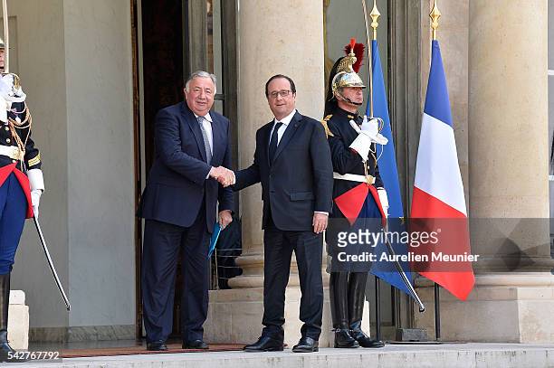 French President Francois Hollande welcomes French Senate President Gerard Larcher for a meeting following the results of the UK EU Referendum vote...