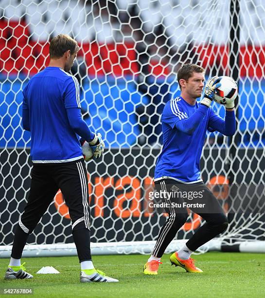 Northern Ireland goalkeepers Michael McGovern and Roy Carroll in action during Northern Ireland training ahead of their Euro 2016 match against Wales...