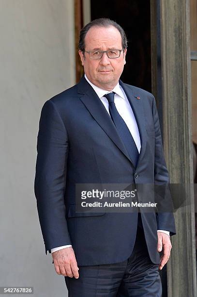 French President Francois Hollande is seen prior to a meeting with French Senate President Gerard Larcher following the results of the UK EU...