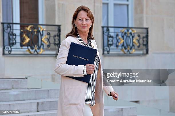 Segolene Royal, French Minister of Ecology, Sustainable Development and Energy leaves after an exceptional cabinet meeting following the results of...