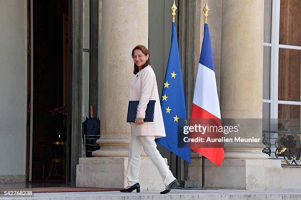 Segolene Royal, French Minister of Ecology, Sustainable Development and Energy arrives for an exceptional cabinet meeting following the results of...