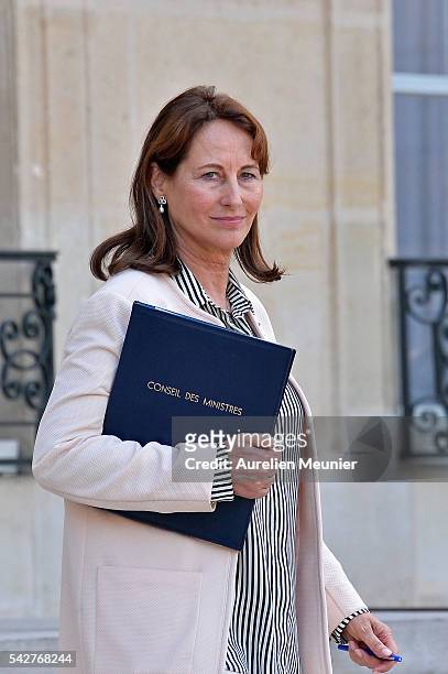 Segolene Royal, French Minister of Ecology, Sustainable Development and Energy leaves after an exceptional cabinet meeting following the results of...