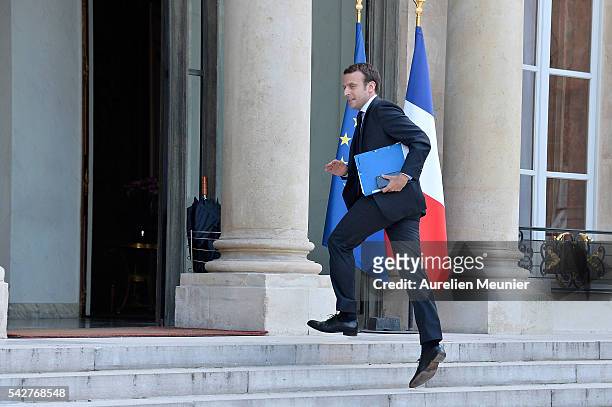 French Minister of Economy, Emmanuel Macron arrives for an exceptional cabinet meeting following the results of the UK EU Referendum vote at the...