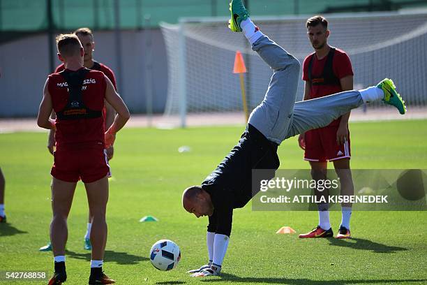 Hungary's goalkeeper Gabor Kiraly takes part in a training session in Tourrettes, southern France, on June 24 two days prior to their Euro 2016 round...