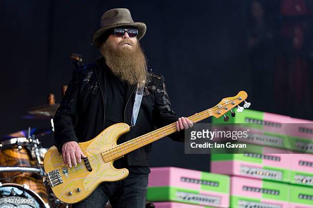 Dusty Hill of ZZ Top performs on the Pyramid Stage during the Glastonbury Festival at Worthy Farm, Pilton on June 24, 2016 in Glastonbury, England....