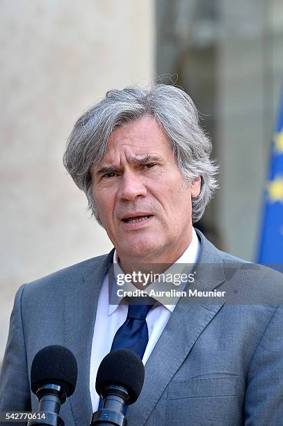 French Minister of Agriculture and Forestry, Gouvernment Spokesman Stephane Le Foll addresses the press after an exceptional cabinet meeting...