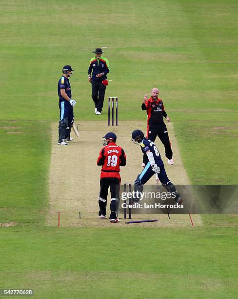 Chris Rushorth of Durham celebrates taking the wicket of Kane Williamson of Yorkshire during the NatWest T20 Blast game between Durham Jets and...