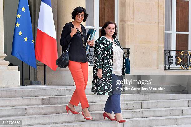 French Minister of Labor, Employment and Social dialogue, Myriam El Khomri and French Minister of Housing, Emmanuelle Cosse leaves after an...