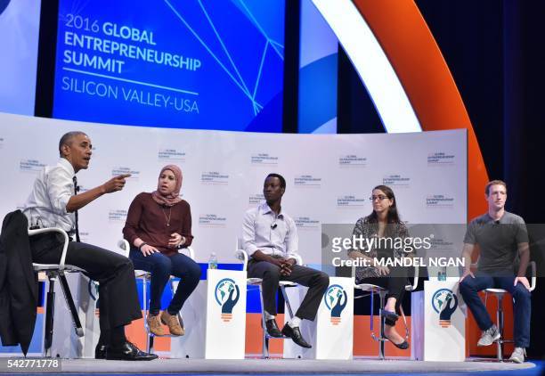 President Barack Obama speaks during a discussion with entrepreneurs Mai Medhat, Jean Bosco, Mariana Costa Checa and Facebook CEO and founder Mark...