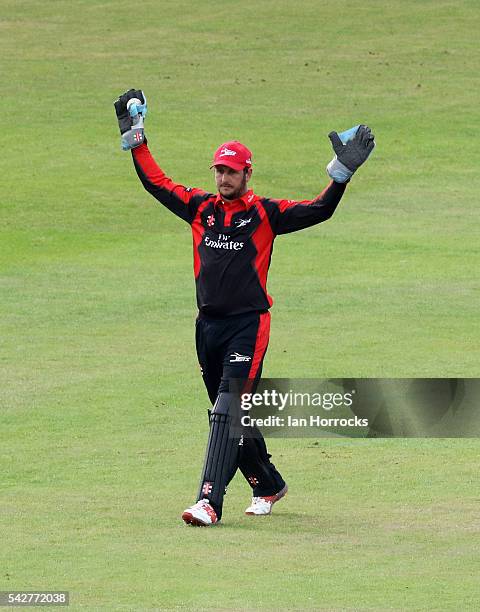 Phil Mustard of Durham celebrates the wicket of Tim Bresnan during the NatWest T20 Blast game between Durham Jets and Yorkshire Vikings at Emirates...
