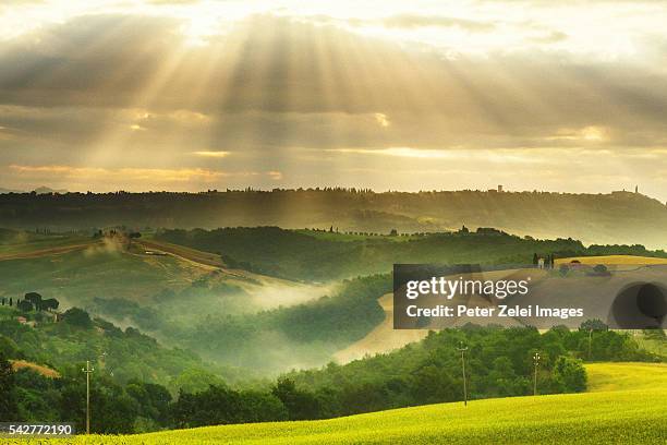 foggy landscape in tuscany - capella di vitaleta stock pictures, royalty-free photos & images