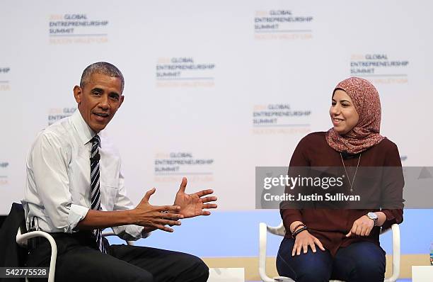 President Barack Obama speaks alongside tech entrepreneur Mai Medhat during the 2016 Global Entrepreneurship Summit at Stanford University on June...