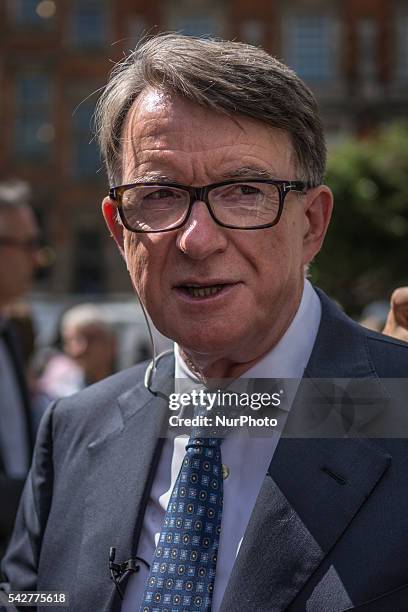 Former Labour politician Peter Mandelson reacts as he is interviewed by media near the Houses of Parliament in London on June 24, 2016 after Britain...