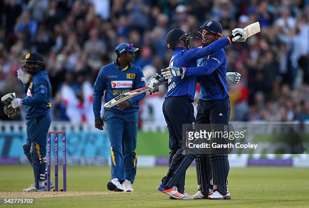Alex Hales and Jason Roy of England celebrate after scoring the winning runs to win the 2nd ODI Royal London One-Day match between England and Sri...