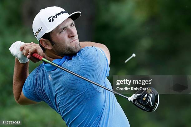 Jon Rahm of Spain plays a shot from the third tee during the second round of the Quicken Loans National at Congressional Country Club on June 24,...