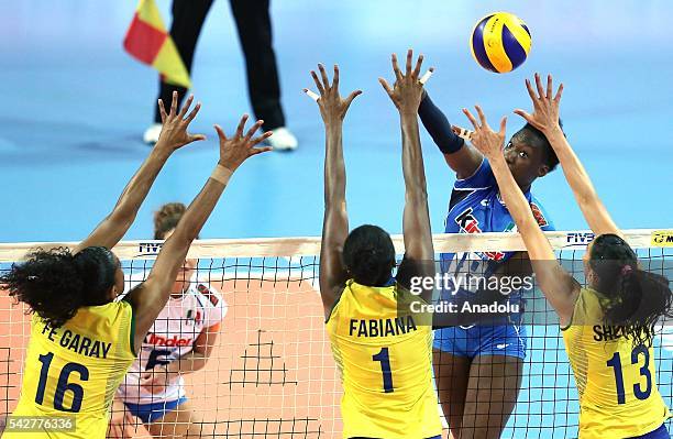 Paola Ogechi Egonu of Italy in action against Fabiana Claudino of Brazil during 2016 FIVB Volleyball World Grand Prix Women's match between Italy and...