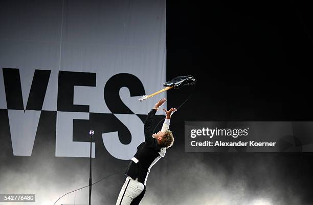 Nicholaus Arson of the The Hives performs on Green Stage during the first day of the Hurricane festival on June 24, 2016 in Scheessel, Germany.