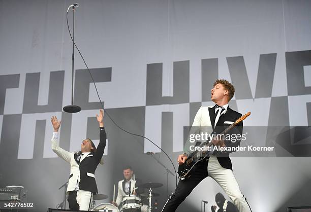 Pelle Almqvist and Nicholaus Arson of the The Hives performs on Green Stage during the first day of the Hurricane festival on June 24, 2016 in...