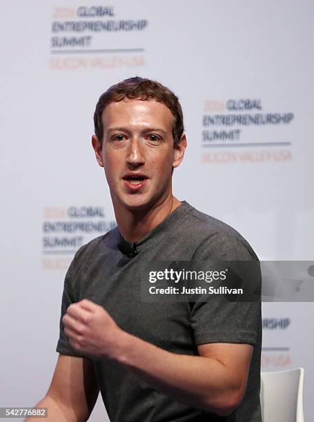 Facebook CEO Mark Zuckerberg speaks on a panel discussion with U.S. President Barack Obama during the 2016 Global Entrepreneurship Summit at Stanford...