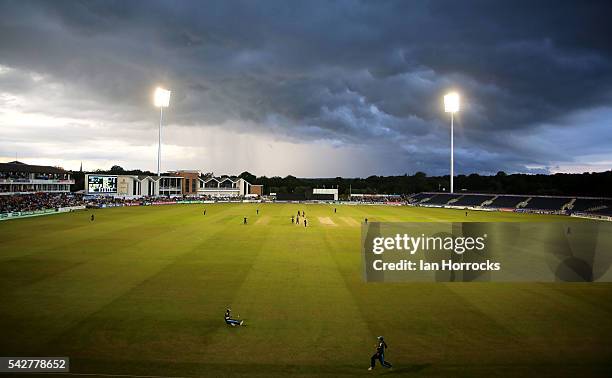 Storm clounds move in to halt play during The NatWest T20 Blast game between Durham Jets and Yorkshire Vikings at Emirates Durham ICG on June 24,...