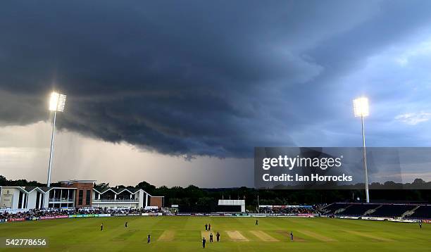 Storm clounds move in to halt play during The NatWest T20 Blast game between Durham Jets and Yorkshire Vikings at Emirates Durham ICG on June 24,...