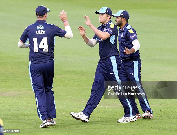 Yorkshire players celebrate the wicket of Phil Mustard of during The NatWest T20 Blast game between Durham Jets and Yorkshire Vikings at Emirates...