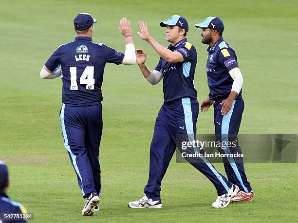 Yorkshire players celebrate the wicket of Phil Mustard of during The NatWest T20 Blast game between Durham Jets and Yorkshire Vikings at Emirates...