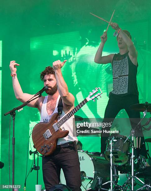 Yannis Philippakis of Foals performs on the Pyramid Stage Glastonbury Festival 2016 at Worthy Farm, Pilton on June 24, 2016 in Glastonbury, England.