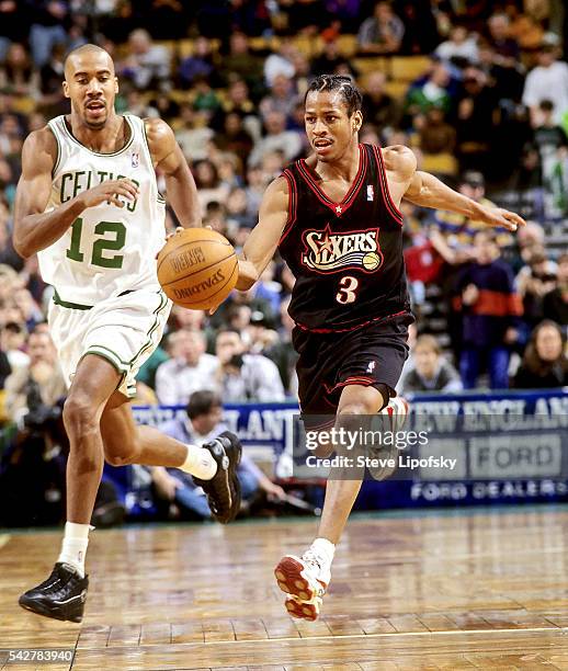 Philadelphia 76ers Allen Iverson in action vs Boston Celtics Bruce Bowen at Boston Garden. Boston, MA 1/1/1998 -- CREDIT: Steve Lipofsky