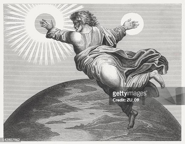 god mad sun and moon (genesis 1), published 1841 - rafael santi stock illustrations