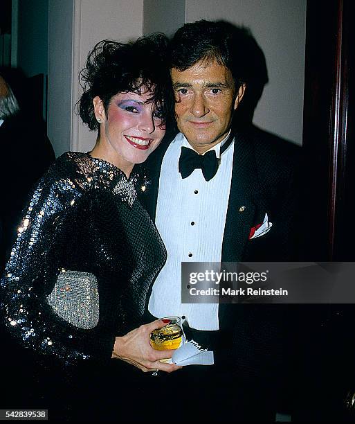 Portrait of hairstylist and businessman Vidal Sassoon and his wife, former dressage rider and model Jeanette Hartford-Davis, as they pose together at...