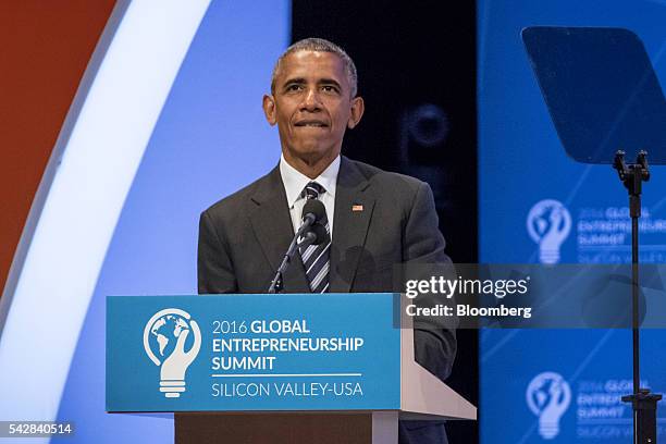 President Barack Obama pauses while speaking during the 2016 Global Entrepreneurship Summit at Stanford University in Stanford, California, U.S., on...