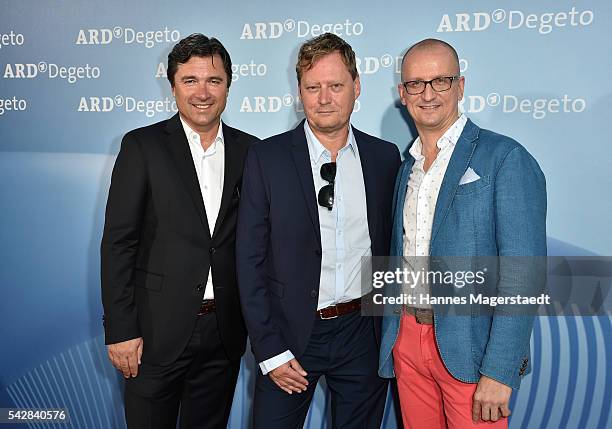 Gerald Podgornig, Nils Willbrandt and Thomas Hroch during the ARD Degeto Get Together during the Munich Film Festival 2016 at Kaisergarten on June...