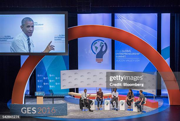 President Barack Obama, left, speaks as Mai Medhat, chief executive officer and founder of Eventtus, Jean Bosco Nzeyimana, founder and chief...