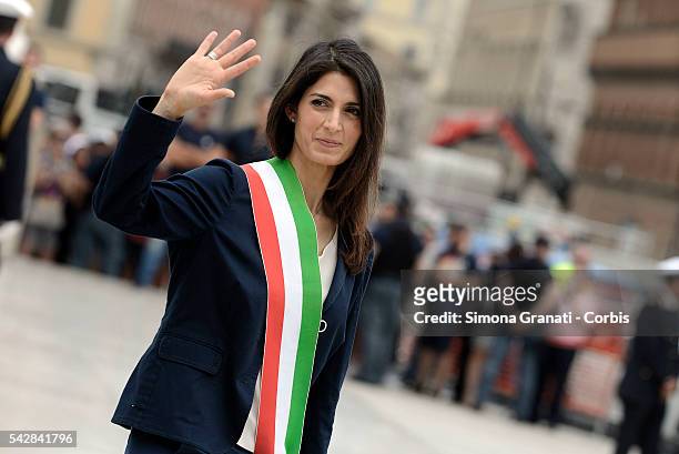 On the day of the settlement as mayor of Rome Virginia Raggi honors the Unknown Soldier at the Altar of the Fatherland, on June 23, 2016 in Rome,...