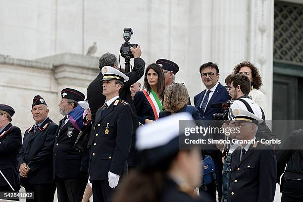 On the day of the settlement as mayor of Rome Virginia Raggi honors the Unknown Soldier at the Altar of the Fatherland, on June 23, 2016 in Rome,...