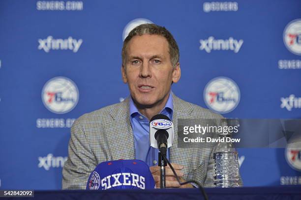 General Manager Bryan Colangelo attends a press conference after the Philadelphia 76ers introduce Ben Simmons and Timothé Luwawu-Cabarrot from the...