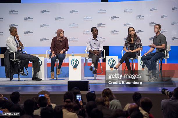 Mark Zuckerberg, chief executive officer and founder of Facebook Inc., right, speaks as U.S. President Barack Obama, from left, Mai Medhat, chief...