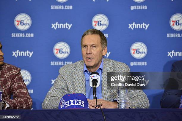 General Manager Bryan Colangelo attends a press conference after the Philadelphia 76ers introduce Ben Simmons and Timothé Luwawu-Cabarrot from the...