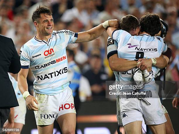 Dan Carter of Racing 92 celebrates winning the Final Top 14 between Toulon and Racing 92 at Camp Nou on June 24, 2016 in Barcelona, Spain.