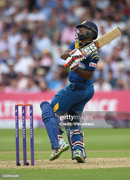 Seekkuge Prasanna of Sri Lanka batting during the 1st Royal London ODI between England and Sri Lanka at Trent Bridge on June 21, 2016 in Nottingham,...