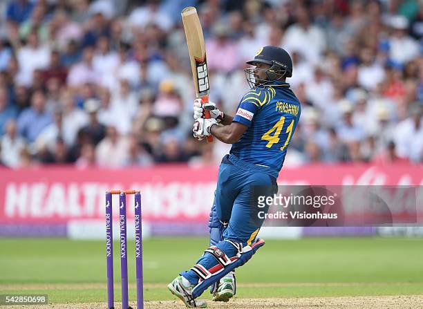 Seekkuge Prasanna of Sri Lanka batting during the 1st Royal London ODI between England and Sri Lanka at Trent Bridge on June 21, 2016 in Nottingham,...
