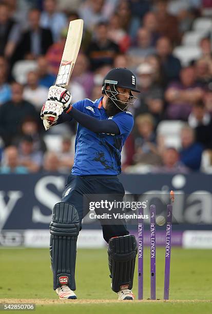 England's Moeen Ali is bowled by Nuwan Pradeep of Sri Lanka during the 1st Royal London ODI between England and Sri Lanka at Trent Bridge on June 21,...