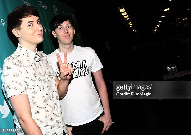 Youtubers Dan and Phil attend VidCon at the Anaheim Convention Center on June 24, 2016 in Anaheim, California.