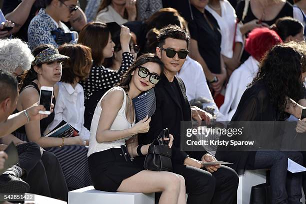 Actor Huang Xiaoming and his wife Angelababy attend the Givenchy Menswear Spring/Summer 2017 show as part of Paris Fashion Week on June 24, 2016 in...